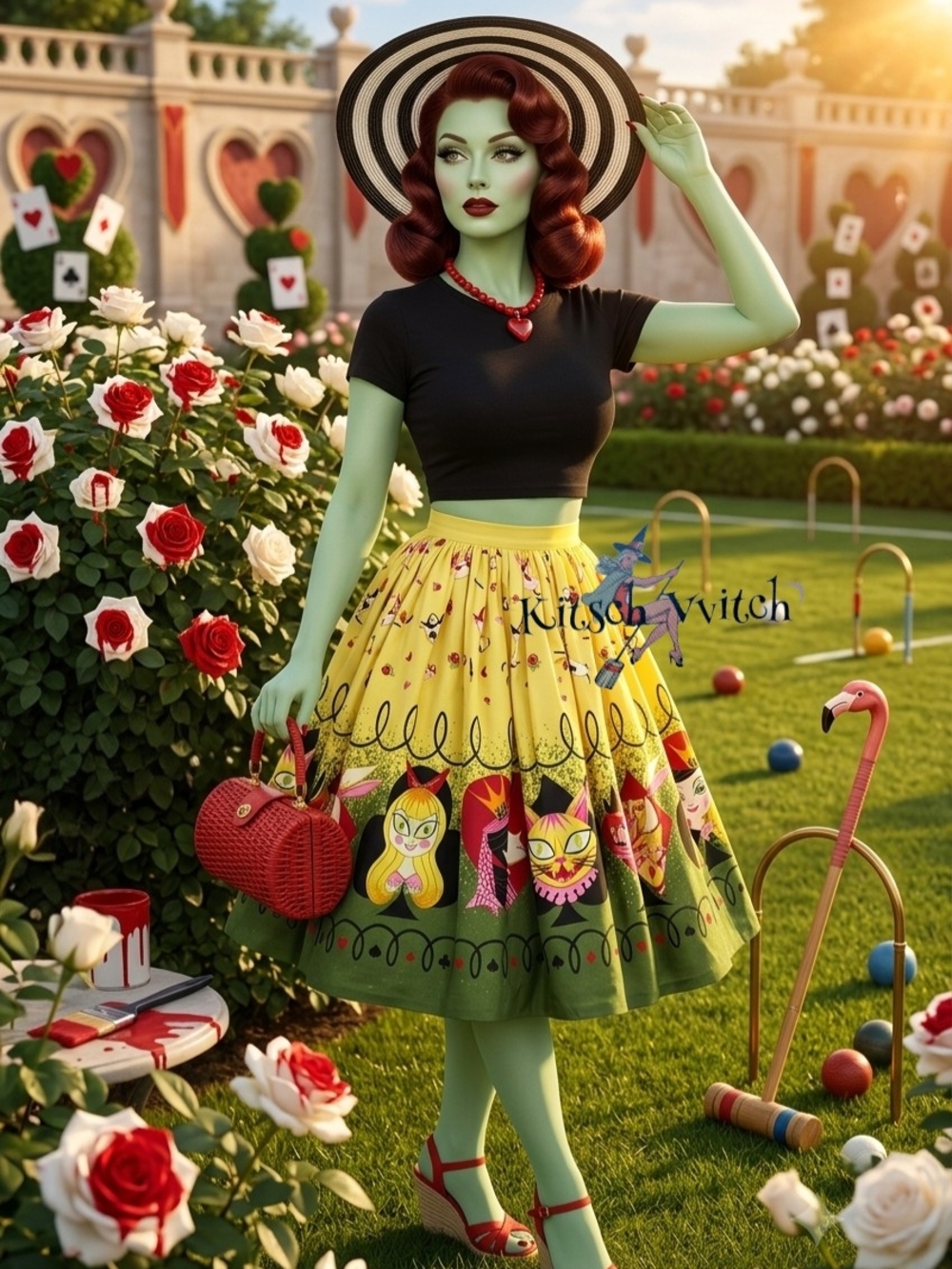 👸Queen Of Hearts Border Print Pinup Couture Jenny Skirt - Pristine Condition